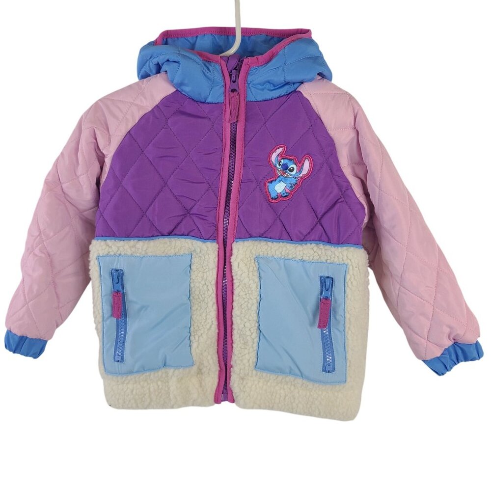 NWOT Disney Stitch Toddler Quilted Jacket Purple Pink Blue Hooded Sherpa Sz 2T